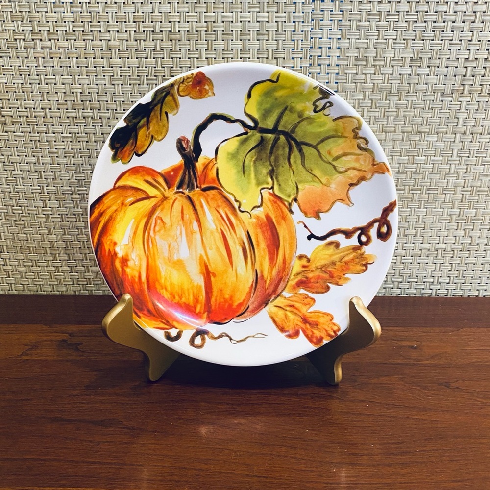 🍁🌟2xHP🌟Set of Fall Watercolor Pumpkin Glazed Ceramic Plate & Small Leaf Bowl - Picture 2 of 10